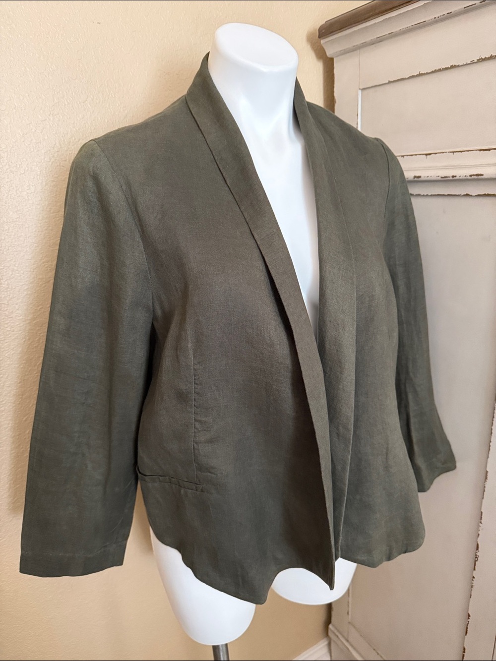 MNG Olive Open-Front Linen Blend Blazer